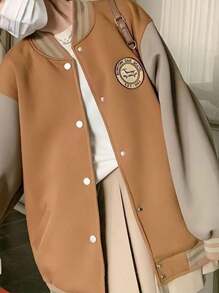 Bordado Acolchado Engrosada Americana Retro Chaqueta Béisbol Abrigo Mujeres Invierno Cazadora Suelta - Caqui - Ver 2