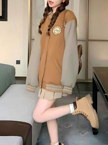 Bordado Acolchado Engrosada Americana Retro Chaqueta Béisbol Abrigo Mujeres Invierno Cazadora Suelta - Caqui - Ver 3