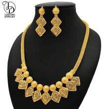 Conjunto de 2 piezas de joyería de lujo chapado en oro de 24K con collar de hoja de cobre y aretes, estilo elegante de moda para mujeres de Oriente Medio, aretes nupciales de boda de Dubai