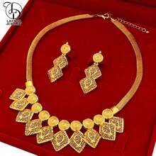 Conjunto de 2 piezas de joyería de lujo chapado en oro de 24K con collar de hoja de cobre y aretes, estilo elegante de moda para mujeres de Oriente Medio, aretes nupciales de boda de Dubai