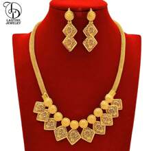 Conjunto de 2 piezas de joyería de lujo chapado en oro de 24K con collar de hoja de cobre y aretes, estilo elegante de moda para mujeres de Oriente Medio, aretes nupciales de boda de Dubai