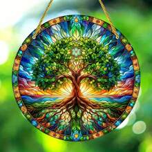 1 件生命之树窗户悬挂标志，圆形亚克力彩绘艺术符号，6x6 英寸/15x15 厘米，门廊装饰，庭院花园装饰，节日派对装饰，送给家人和朋友的绝佳礼物，新居礼物，圣诞装饰 - 彩色 - 查看 7