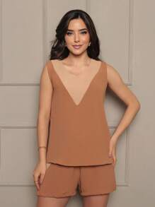 Women's Sleeveless Shorts Set, Spring Summer Fashion - Marrón - Ver 3