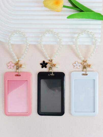 女士仿珍珠花朵指环挂绳，带证件卡套，可爱串珠手机壳钥匙扣，包包挂饰，送给女性、学生、教职工、朋友的绝佳礼物，情人节汽车饰品，学校珍珠哥特风Y2K汽车饰品，教师姐妹礼物创意