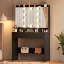 Black Dressing Table With Mirror, Vanity Dressing Table With Lights Adjustable Brightness, Bedroom Dressing Tables With Drawers And Open Shelves, Makeup Table Vanity Desk - Black - View 4