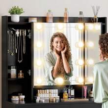 Black Dressing Table With Mirror, Vanity Dressing Table With Lights Adjustable Brightness, Bedroom Dressing Tables With Drawers And Open Shelves, Makeup Table Vanity Desk - Black - View 3
