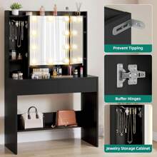 Black Dressing Table With Mirror, Vanity Dressing Table With Lights Adjustable Brightness, Bedroom Dressing Tables With Drawers And Open Shelves, Makeup Table Vanity Desk - Black - View 5