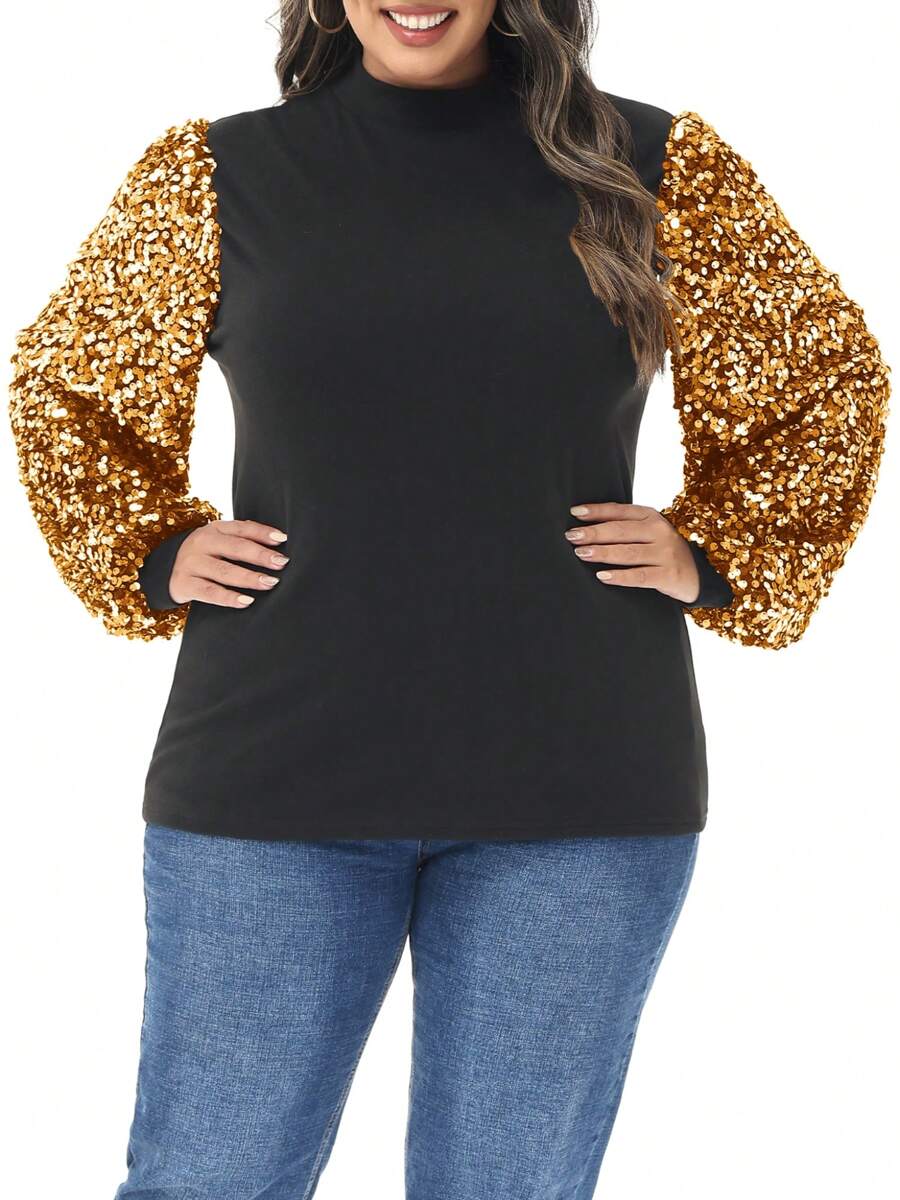 Women's Plus Size Sparkle Sequin Sweatshirt Mock Neck Pullover Long Sleeve Glitter Party Tops - Vàng - Xem 1