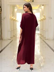 Modest Burgundy Red Embroidered Arabesque Stand Collar Dress Loose Casual Moroccan Kaftan Dresses