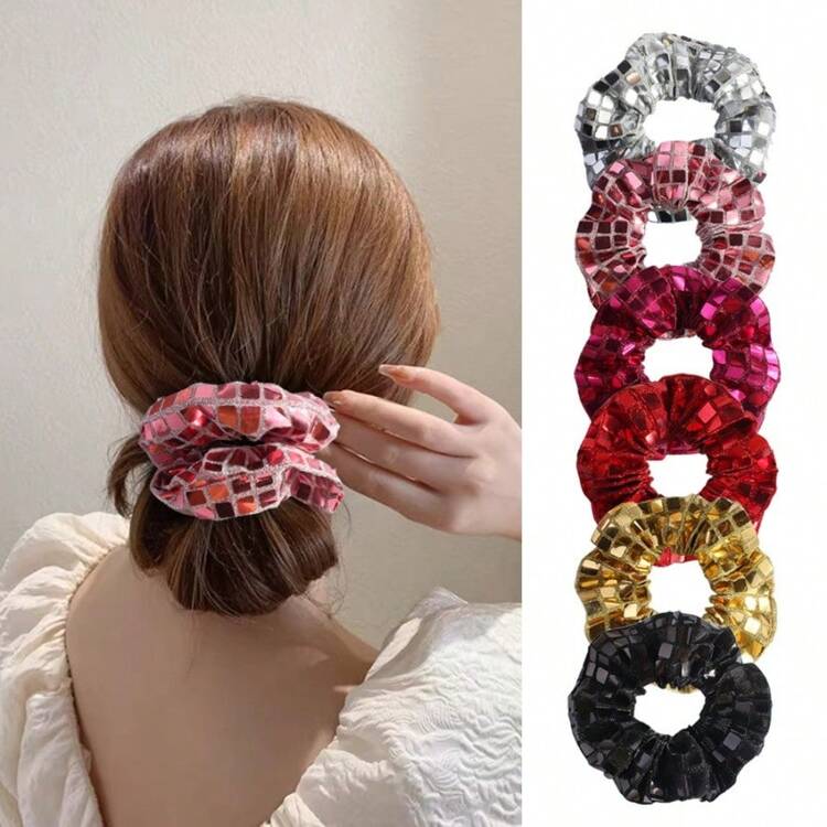 1/6/10pcs Fashionable Retro Silver Square Sequin Large Colon Scrunchie New Disco Ball Flash Piece Dance Party High Ponytail Headband Suitable For Parties, Cheerleading Dance Wear - Multicolor - View 2