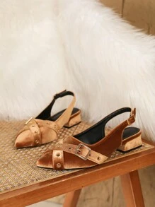 全新 尖头粗跟时尚穆勒鞋 露背一脚蹬金属扣女士平底鞋 - 黃色 - 查看 3