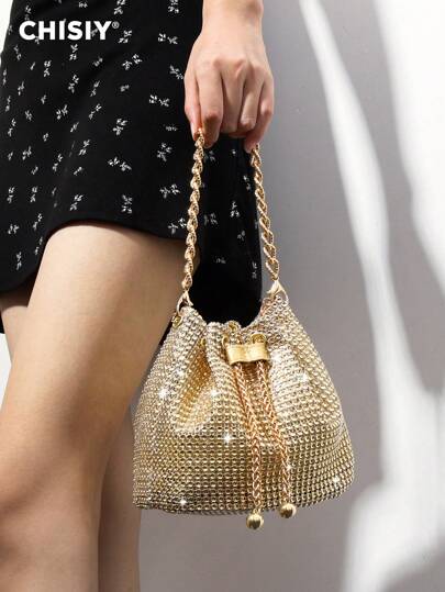 CHISIY Handmade High-End Rhinestone-Decor Banquet&Party Tote Bag, Glamorous Golden/Silver/Pink PVC & Fabric, Large Capacity Women's Commute Bag, Versatile Minimalist Handbag, Ideal For Work, Shopping, Travel, Wedding, Autumn/Winter, Glamorous Rhinestone Bag , Gold Bag