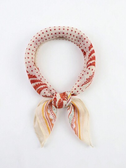 1 Pc Printed Coconut Tree & Golden Border Small Square Scarf, Fashionable For All Seasons Daily Use Versatile Neckerchief