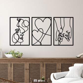 3pcs/Set Metal Line Decorative Paintings - Holding Hands, Love, Kissing, Suitable For Bedroom, Study Etc. Beautiful Paintings To Decorate Couple Space. Valentine's Day, Holiday Decoration, Metal Paintings, Valentine's Day Gifts Birthday Graduation