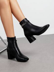 Women's Ankle Bootie Chic Pointy Toe Chunky Heel Chain Decoration Side Zipper Easy On And Off For Work Holiday - Black - View 1