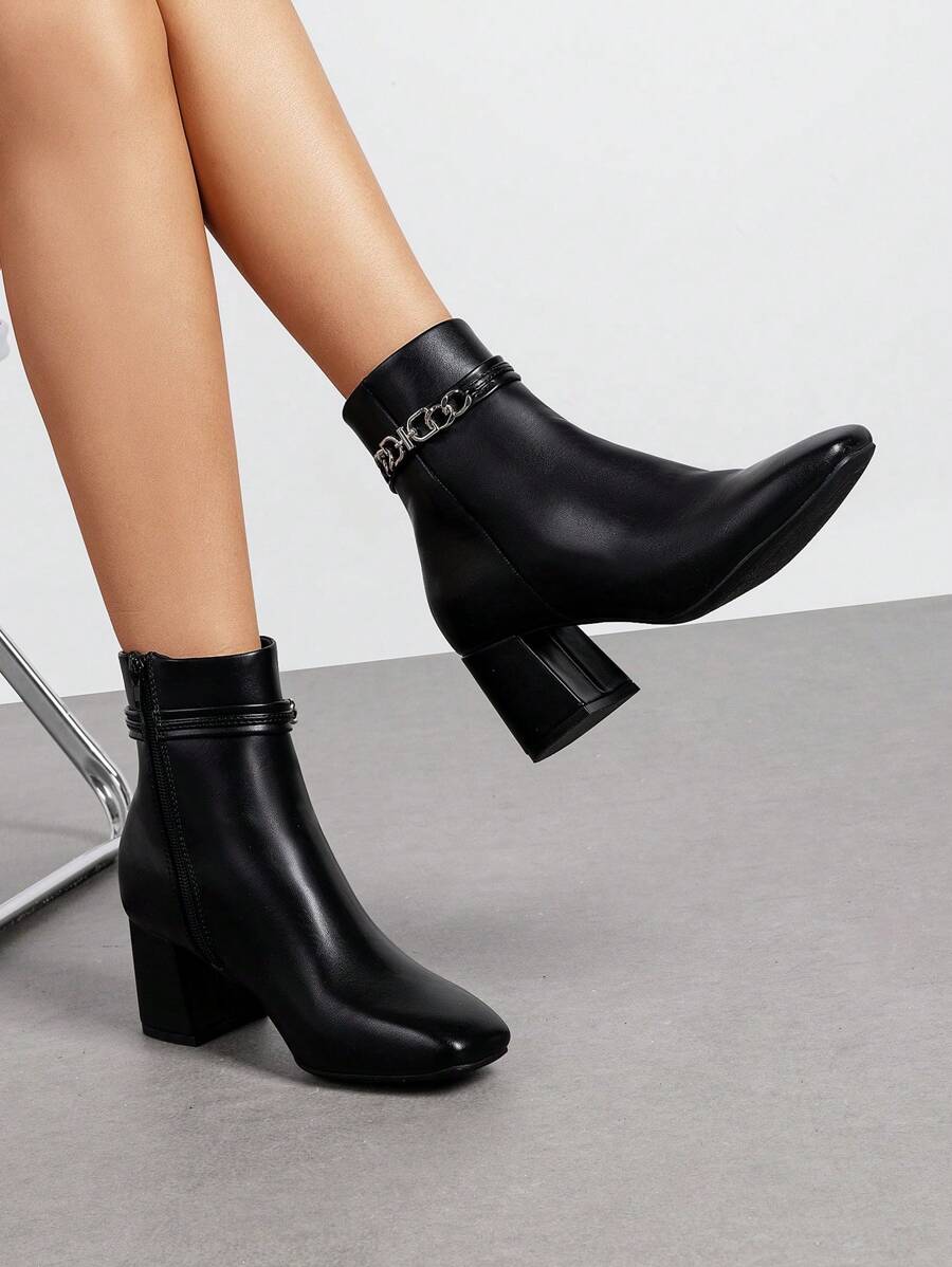 Women's Ankle Bootie Chic Pointy Toe Chunky Heel Chain Decoration Side Zipper Easy On And Off For Work Holiday - Black - View 1