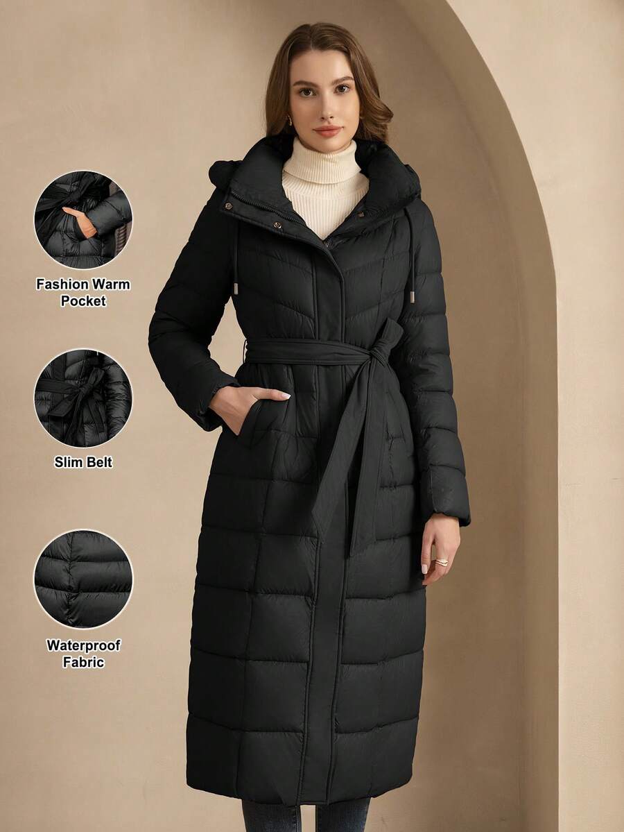 ZIAI 1pc Solid Color Hooded Waisted Long Sleeve Padded Coat, Winter, Ladies Winter Casual Belted, Pocket, Zipper Regular Sleeve Hooded Regular Fit Black Plain Women Padded Coats, Winter Warmth/ Winter Fashion - Black - View 1