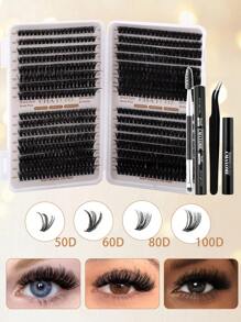 640/392 片装 D 卷度 10D+20D+30D+40D+50D+60D+80D+100D 睫毛嫁接套装，轻盈蓬松（10-16mm），混合密度簇状睫毛，包含胶水、封层剂、镊子、胶水和卸除剂。 - 黑色 - 查看 16