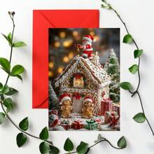 1pc/2pcs Exquisite Santa Claus & Gingerbread House Printed Christmas Cards, Birthday Cards, Invitations, Perfect Christmas Gift For Family, Friends, Colleagues, Minimalist & Casual Invitations And Letters - Red - View 2