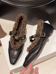 女士毛绒尖头平底鞋，法式低跟保暖玛丽珍鞋，冬季新品 - 黑色 - 查看 7