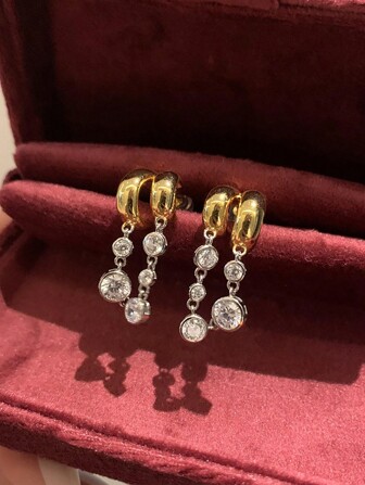 1 Pair Luxury Fashion CZ Stone Encrusted Bubble Earrings, Delicate Versatile Design Suitable For Women's Daily, Banquets, Vacations, Parties, Gift