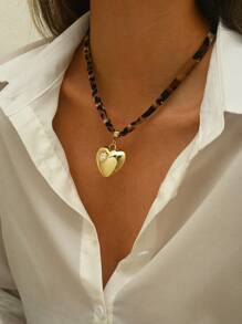 1pc Leopard Printing Necklace, Heart Bow Star Flower Pendent Necklace, Winter Necklace, Daily Accessory, Dating, Party Necklace, Woman Gift, Valentine's Day Gift Valentines