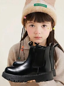 女童休闲蓬松踝靴，学院风拉链平底皮靴，简约儿童低帮靴，适合秋冬季 - 黑色 - 查看 11