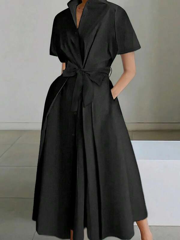 [Customized Development] New Women's Fashion Short Sleeve Solid Color Elegant Casual Shirt Dress