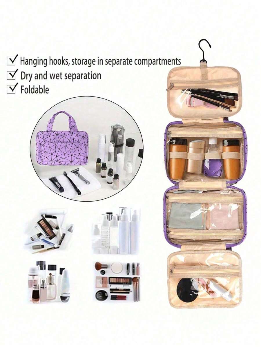 大号挂钩洗漱包防水折叠手提包旅行化妆包化妆品剃须刀收纳包女士化妆包学校用品大学宿舍学生用 - 紫色 - 查看 1