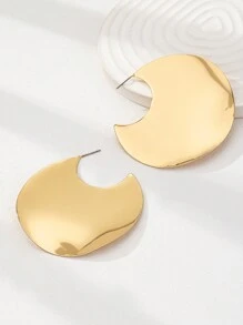 1 Pair Gold Color Simple Metal Round Plate Shape Big Hoop - Statement Earring For Women Basic Design Daily Wear Jewelry - Gold - View 2