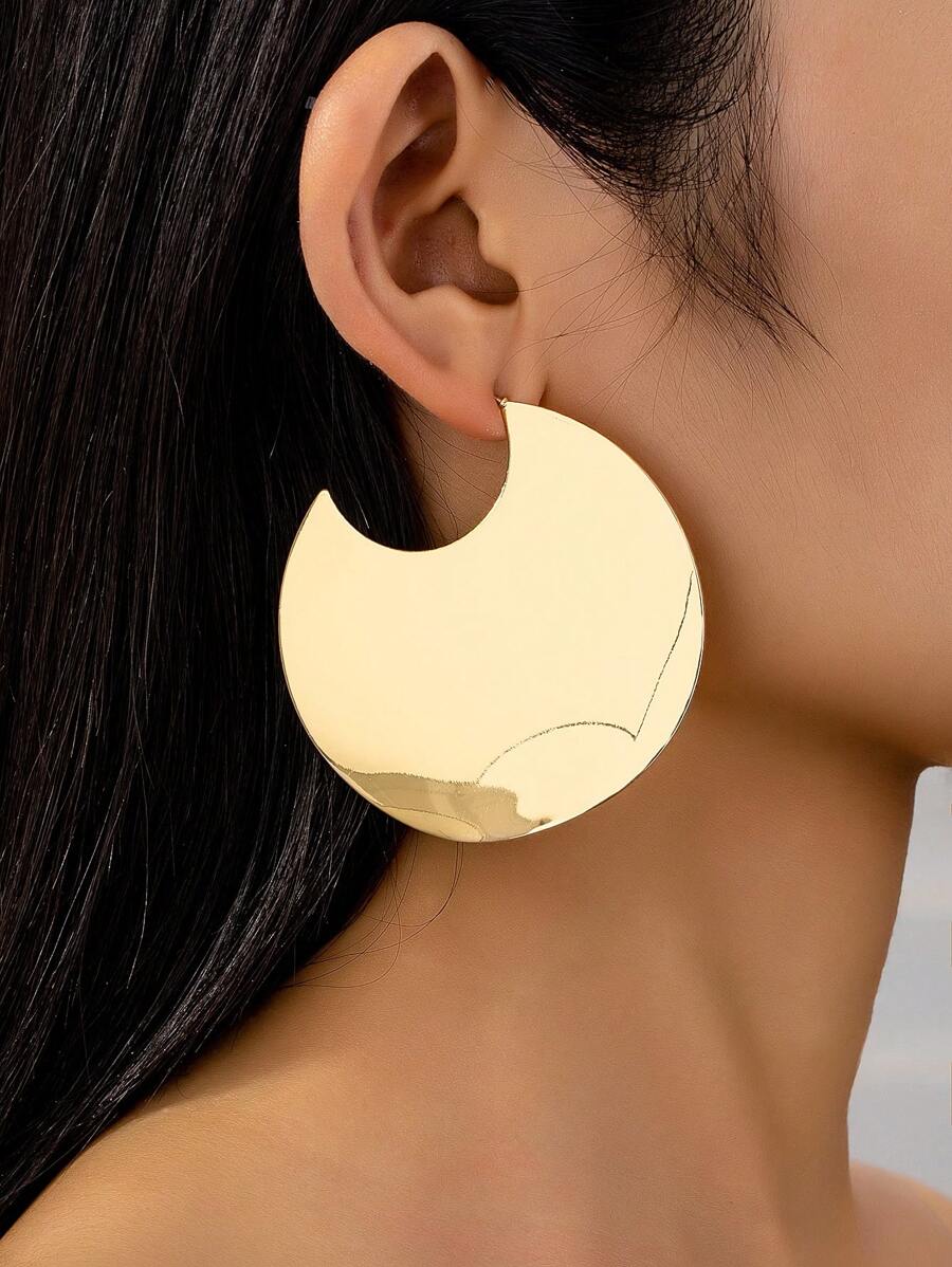 1 Pair Gold Color Simple Metal Round Plate Shape Big Hoop - Statement Earring For Women Basic Design Daily Wear Jewelry - Gold - View 1