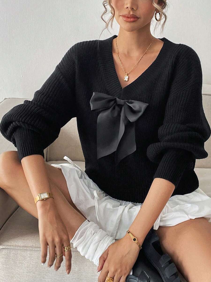女士优雅纯色 V 领蝴蝶结装饰套头针织毛衣，时尚秋冬装，长袖上衣