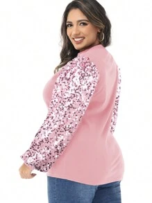 Women's Plus Size Sparkle Sequin Sweatshirt Mock Neck Pullover Long Sleeve Glitter Party Tops - Hồng - Xem 2