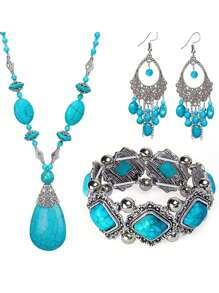 1set Retro Turquoise Beaded Sweater Chain, Necklace, Earrings And Bracelet Jewelry Set, Suitable For Women Daily Wear