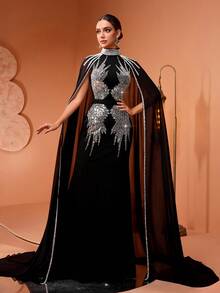 新款时尚高端时尚亮片拼布斗篷袖鸡尾酒会礼服、派对礼服、婚礼宾客礼服、正式礼服、晚礼服 - 黑色 - 查看 4