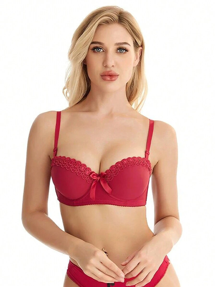 Non-Slip Push-Up Bra With Underwire And Butterfly Embroidery - Red - View 1