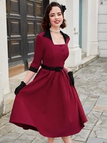 MUXXN Retro Elegant Button Patchwork Square Collar Midi A-Line Cocktail Evening Dress - Burgundy - View 3