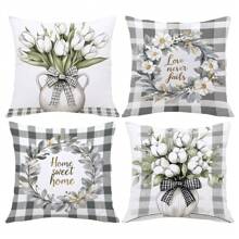 4pcs 17.7"X17.7" (45x45cm) Simple Plaid & Floral Print Cushion Covers (Single-Sided Printing), Suitable For Home Decor, Sofa, Bedroom, Car Pillow Covers (Inner Pillow Not Included)