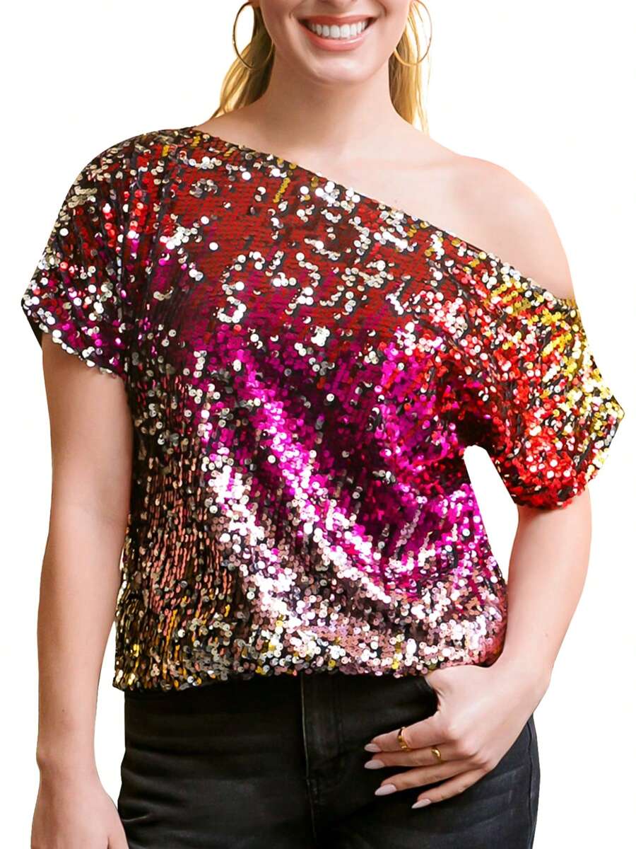 Womens Short Sleeve One Shoulder Sexy Sequin Top Blouse - 玫瑰紅 - 查看 1