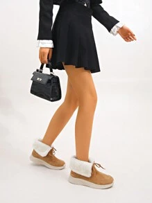 1 Pair Women Round Toe Buckle & Zipper Winter Snow Boots, Slip-Resistant, Lightweight Flat Sole, Waterproof Fabric Upper, Short Shaft, Versatile For Down Jacket, Dress, Brown, Winter New, Outdoor Casual Sport Warm, Plush Lining - Brown - View 5