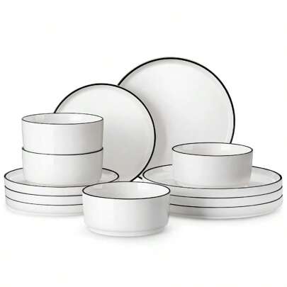 MALACASA 12 Pieces Ceramic Dinnerware Set, White With Black Border, Round Plate, Porcelain Dinnerware, Dinner Plates, Dessert Plates And Bowls For 4 Person