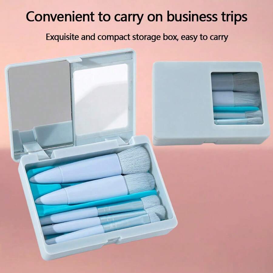 5 peças/conjunto novo mini conjunto de pincéis de maquiagem com estojo de espelho, pincéis de maquiagem portáteis para viagem, incluindo sombra, pincel para blush, conjunto completo de pincéis de maquiagem - Multicolorido - Ver 1
