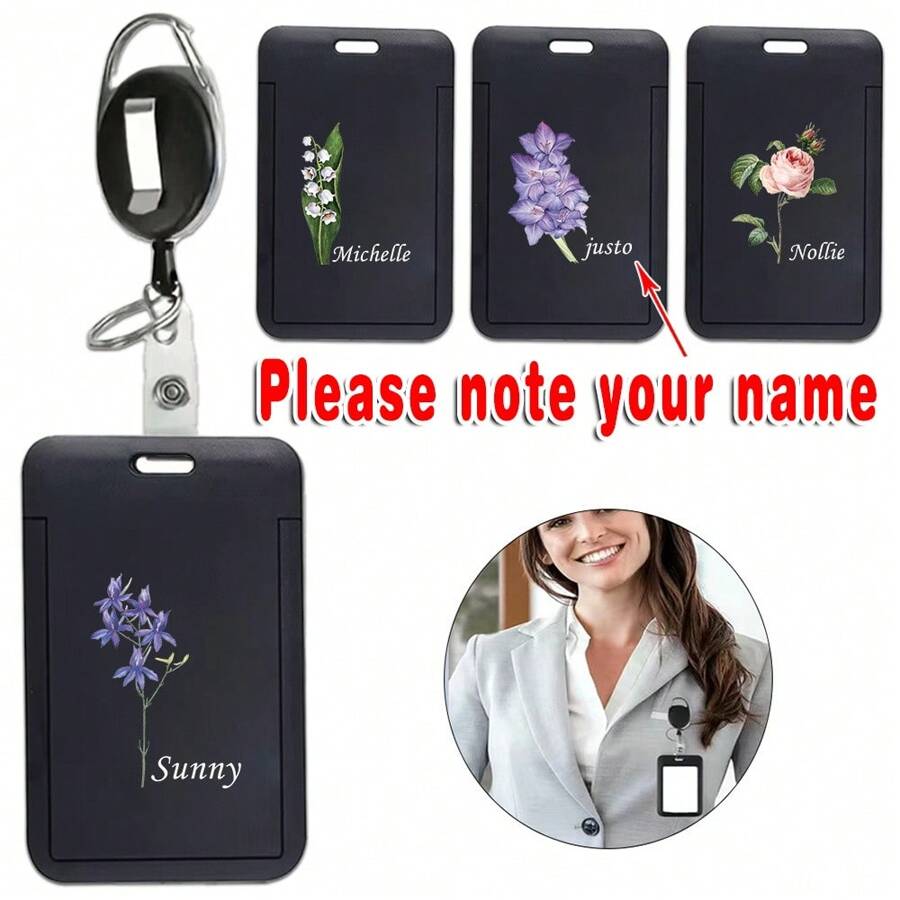 Customized Name Retractable ID Badge Holder Keychain Clip Durable Name Tag Protector For Employee Card Cover Security Accessories Business Suitable Personalized Custom Name For Office Use Professional Design For Identification - Black - View 1