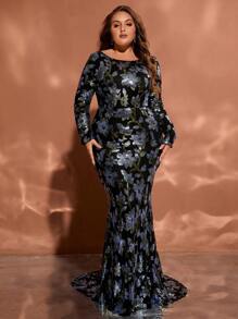 Multi-Color Round Neck Long Sleeve Sequin Floor-Length Plus Size Evening Dress - Multicolor - View 3