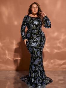Multi-Color Round Neck Long Sleeve Sequin Floor-Length Plus Size Evening Dress - Multicolor - View 4