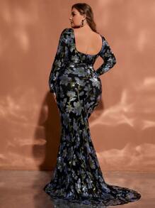 Multi-Color Round Neck Long Sleeve Sequin Floor-Length Plus Size Evening Dress - Multicolor - View 6