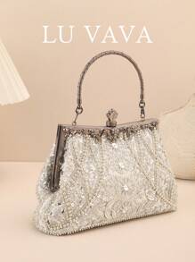 1 Pc Heavy Industry Quiet Luxury Silver Hand-Held Pearl Embroidered Dinner Bag, Party Bag, Wedding Gift Bag, Women's Bag - Silver - View 1