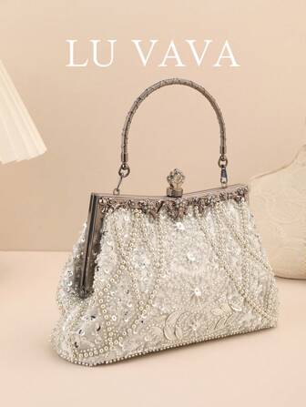 1 件重工业安静奢华银色手提珍珠刺绣晚宴包、派对包、婚礼礼品包、女士包