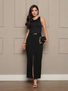 OUR FASHION Long Skirt With Front Slit In Luis Twill With Brown Belt / The Fabric Is Better Than Tailoring / / Front Slit / Button Details / Casual / / Look / Everyday / Summer / Elegant / Casual / Stylish / Collection 2024 - màu đen - Xem 1