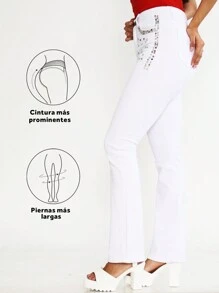Pantalones Vaqueros Blancos con Cristales Brillantes, Jeans ajustados de mezclilla acampanados y de cintura alta para mujer, de campana, pantalones vaqueros acampanados, jeans de mujer y ropa vaquera, de estiramiento medio - Blanco - Ver 6